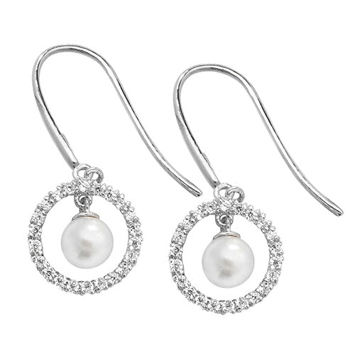 9CT WHT GOLD PEARL CZ FISH HOOK DROP EARRINGS
