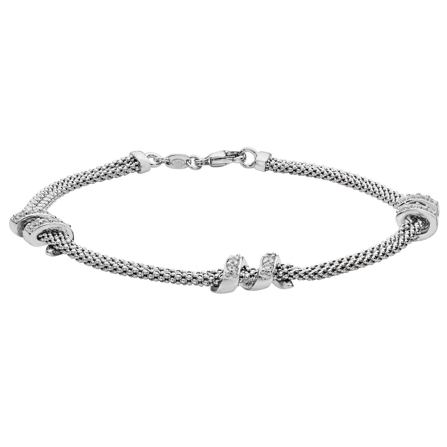 SILVER LADIES' RHODIUM PLATED MESH CZ SET BRACELET