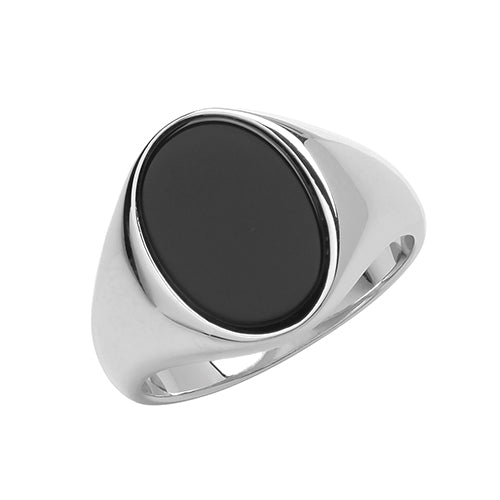 SILVER MEN'S OVAL BLACK ONYX PLAIN SIDES SIGNET RING