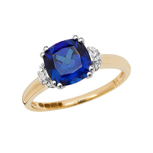 9CT YEL GOLD LADIES' RH PLATED RING CUSHION CREATED SAPPHIRE & WHITE SAPPHIRE