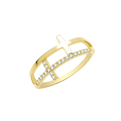 9CT YEL GOLD CZ DOUBLE CROSS RING