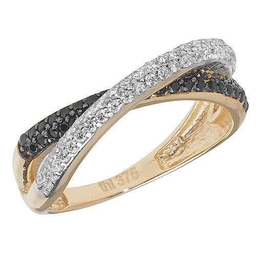 9CT YEL GOLD LADIES' BLACK/CLEAR CZ RING