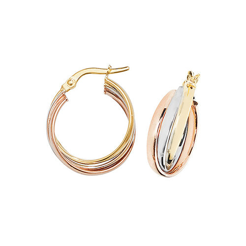 9CT TRI COL GOLD 15MM HOOP EARRINGS