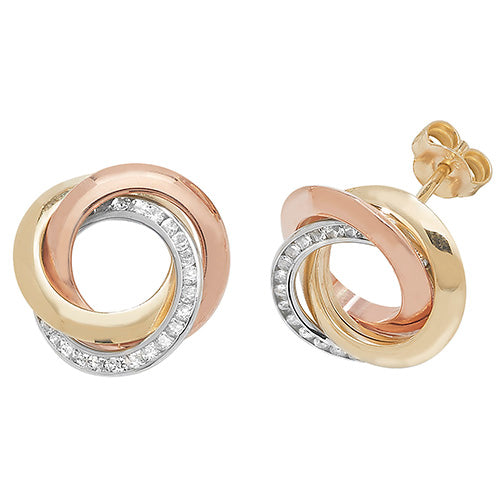 9CT TRICOLOUR GOLD CZ STUD EARRINGS