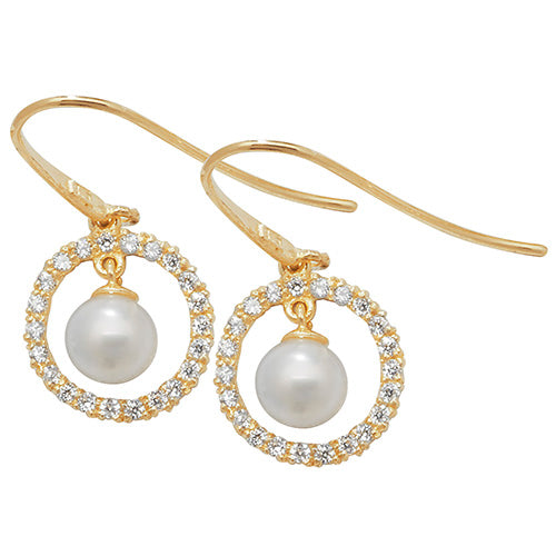 9CT YEL GOLD PEARL CZ FISH HOOK DROP EARRINGS