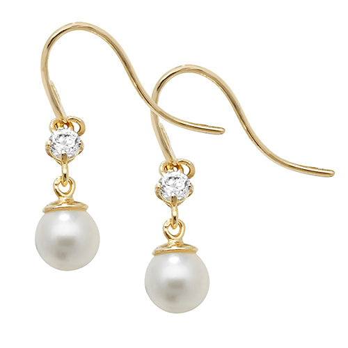 9CT YEL GOLD PEARL CZ FISH HOOK DROP EARRINGS