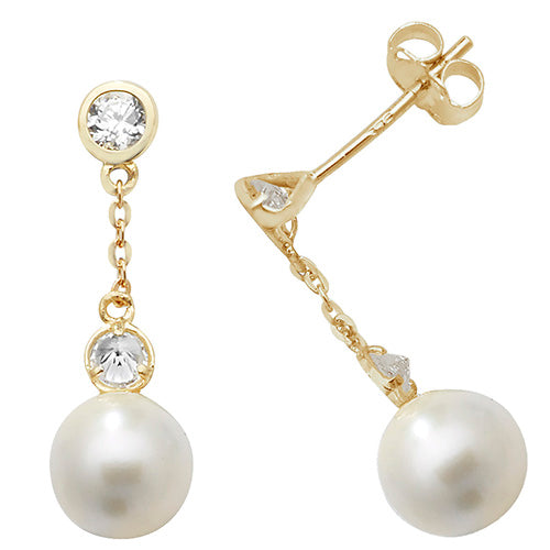 9CT YEL GOLD PEARL CZ DROP EARRINGS