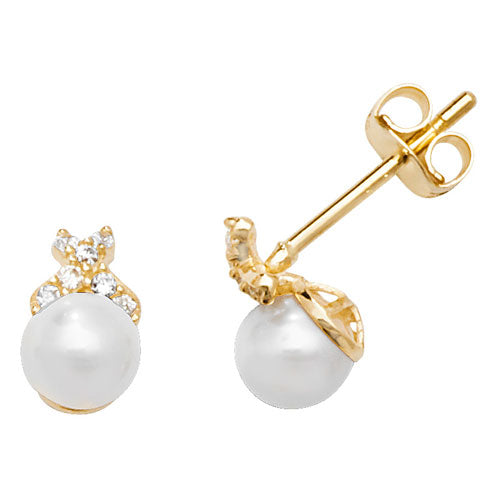 9CT YEL GOLD PEARL&CZ STUD EARRINGS