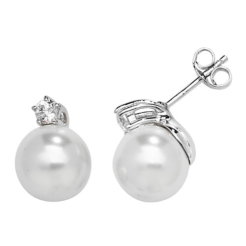 SILVER CZ & PEARL RH PLATED STUD EARRINGS