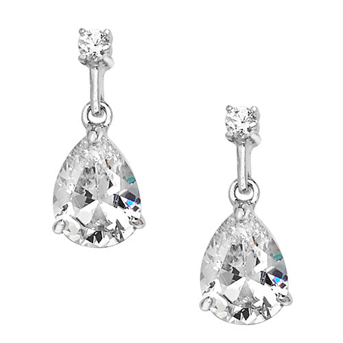 SILVER DOUBLE CZ RH PLATED DROP EARRINGS