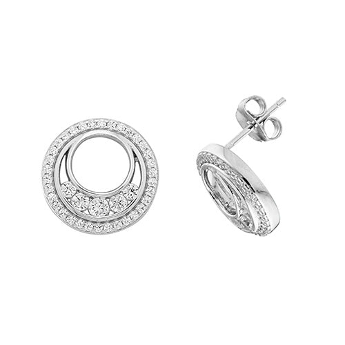 SILVER DOUBLE CIRCLE RH PLATED CZ STUD EARRINGS