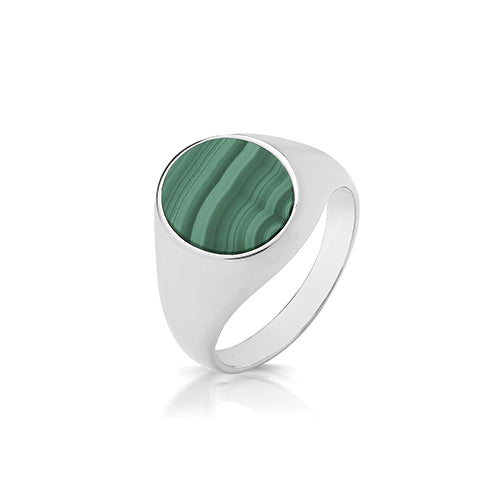 SILVER TRIPLE PLATED OVAL MALACHITE SIGNET RING