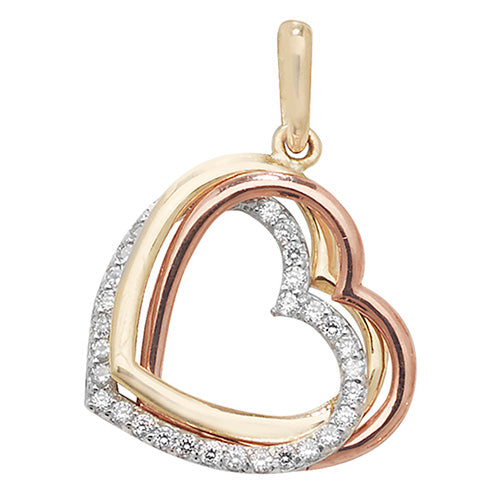 9CT TRI COL GOLD HEART CZ PENDANT