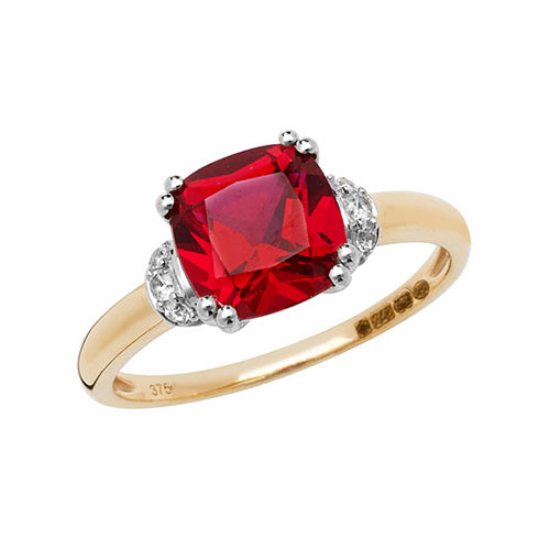 9CT YEL GOLD LADIES' RH PLATED RING CUSHION CREATED RUBY & WHITE SAPPHIRE