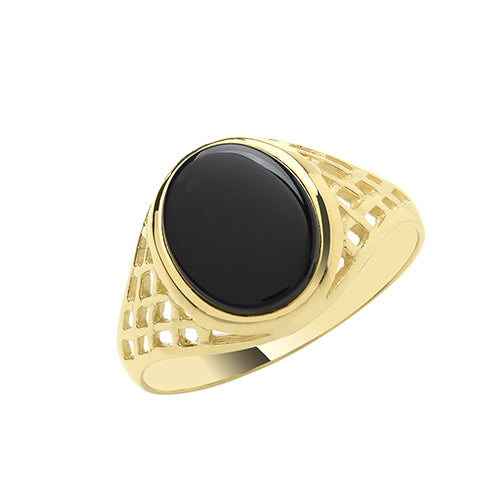 9CT YEL GOLD MEN'S OVAL BLACK ONYX BKST SIDES SIGNET RING